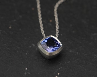 Tanzanite Necklace in 9K Gold, Cushion Cut Tanzanite Pendant, Gift For Her