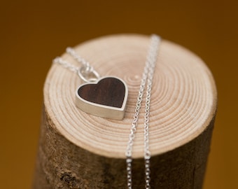 Wooden Heart Pendant Necklace, Gift For Her Heart Necklace in Silver and Rose Wood