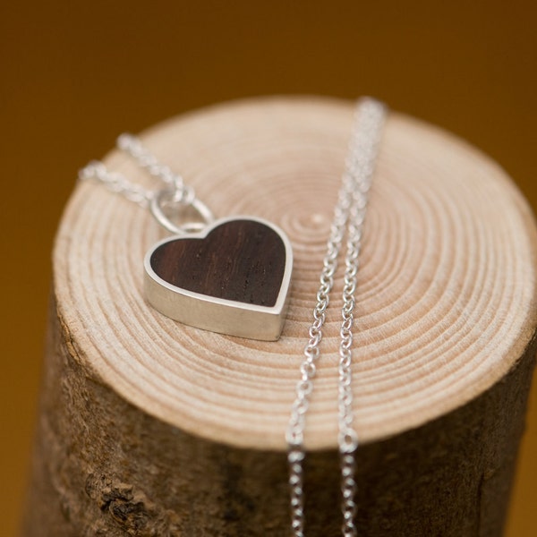 Wooden Heart Pendant Necklace, Gift For Her Heart Necklace in Silver and Rose Wood