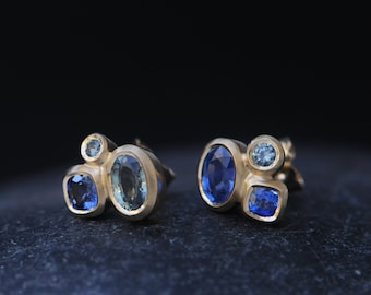 Green and Blue Sapphire Stud Earrings in 18k Gold, Asymmetrical Earrings Gift For Her