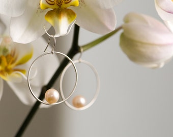 Peach Pearl Hoop Earrings - Pearl Dangle Earrings in Sterling Silver