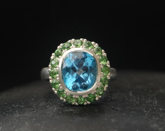 Statement Ring with Blue Topaz Tsavorite Garnet in Silver, Cocktail Ring