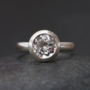 White Topaz Halo Ring, White Gem Engagement Ring in Silver