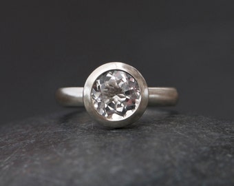 White Topaz Halo Ring, White Gem Engagement Ring in Silver