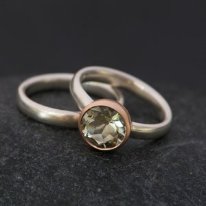 Green Amethyst Engagement Ring and Wedding Band, Gift For Her, Mixed Metal Wedding Set