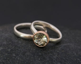 Green Amethyst Engagement Ring and Wedding Band, Gift For Her, Mixed Metal Wedding Set