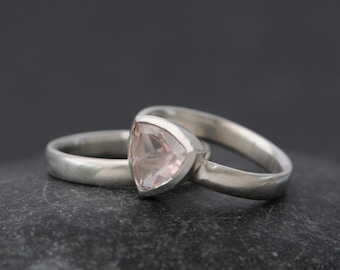 Pink Gemstone Engagement Ring, Rose Quartz Trillion Ring, Gift For Her