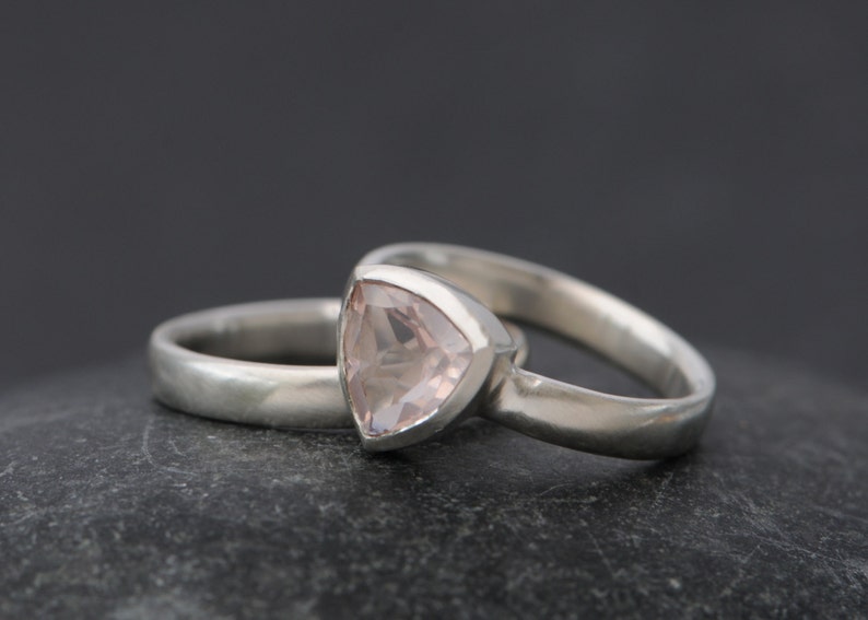 Pink Gemstone Engagement Ring, Rose Quartz Trillion Ring, Gift For Her image 1