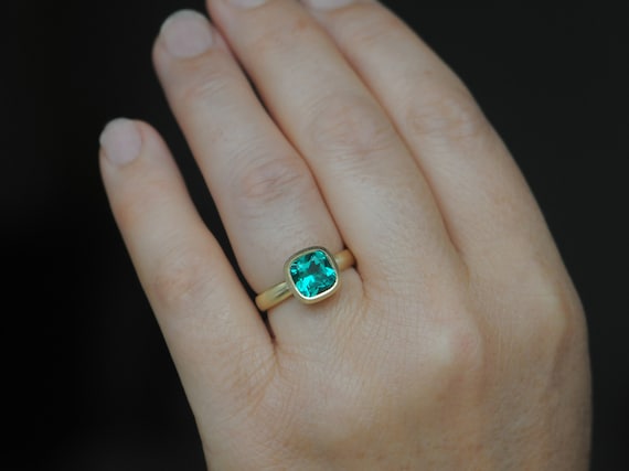 Cushion Cut Lab Emerald Ring, Recycled 18K Yellow Gold Engagement Ring