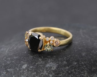 Black Diamond Cluster Ring with Sapphires in 18K Gold - Diamond Engagement Ring