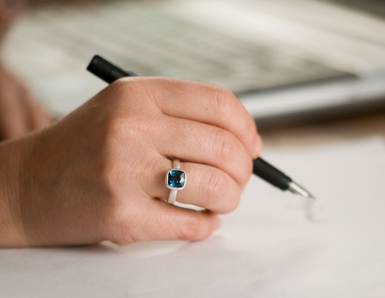 Deep Blue Topaz Ring Cushion Cut in Silver Square Blue Topaz Ring image 4