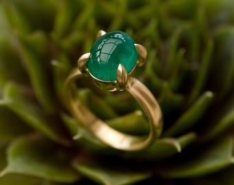 Emerald Cabochon Ring, Statement Ring 18K Gold Gift for Her