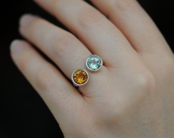 Owl Ring with Citrine and Amethyst, Silver Statement Ring, Gift For Her