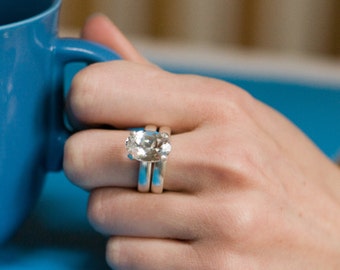 Oval White Topaz Engagement Ring and Matching Wedding Band in Silver, Gift For Her
