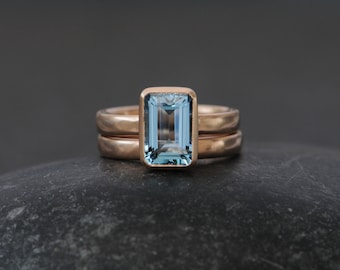 Emerald Cut Aquamarine Wedding Set in 18K Gold, Big Aquamarine Engagement Ring and Wedding Band