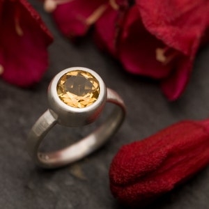 May include: A silver ring with a round, bezel-set, yellow gemstone. The ring is set against a background of red flower petals.