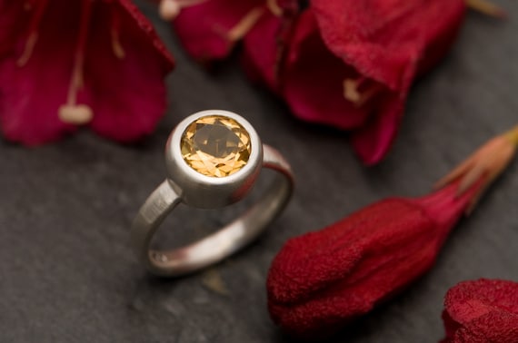 Satin Sterling Silver Citrine Ring, Handmade Gemstone Jewelry