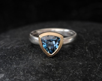 Trillion Blue Topaz Ring in 18K Gold and Silver, Mixed Metal Engagement Ring