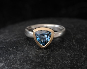 Trillion Blue Topaz Ring in 9K Gold and Silver, Mixed Metal Engagement Ring