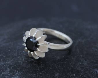 Sea Urchin Ring with Black Spinel in Silver, Gift For Her
