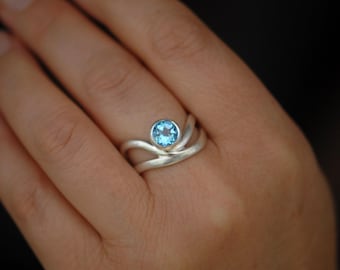 Swiss Blue Topaz Wave Ring in Silver, Gift For Her