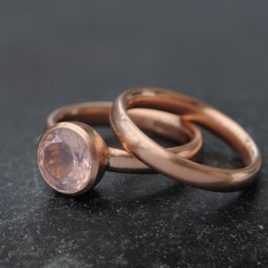 Pink Gemstone Engagement Ring, Rose Quartz Wedding Set in 18K Rose Gold