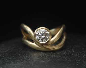 Ethical Engagement Ring, Lab Diamond Wave Ring in 18K Gold