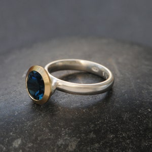 Blue Topaz Engagement Ring Halo Ring with 18K Gold bezel and Silver Band image 2