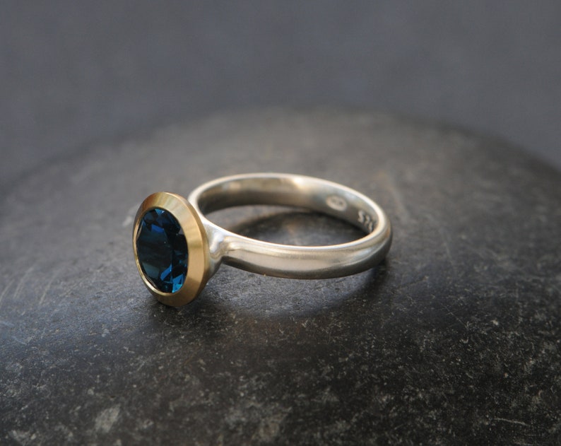 Blue Topaz Engagement Ring Halo Ring with 18K Gold bezel and Silver Band image 2