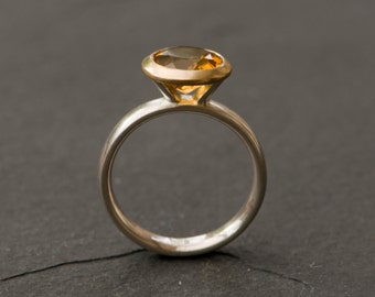 Citrine Halo Ring in 18K Gold and Silver, Yellow Gemstone Engagement Ring, Gift For Her