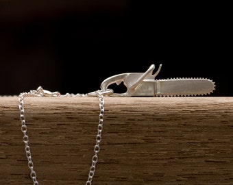 Chainsaw Necklace in Sterling Silver, Christmas Gift Chainsaw Pendant