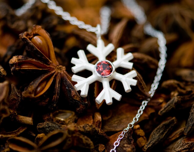 Snowflake Necklace Silver, Christmas Gift For Her, Red Garnet Pendant image 2