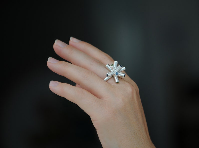 Spiky Ring with Sapphires, Statement Ring in Silver, Gift For Her image 6