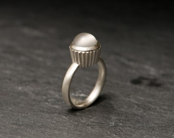 Moonstone Cabochon Ring in Silver - Cupcake Ring with Moonstone