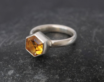 Citrine Hexagonal Ring in Silver, Yellow Hex Ring, Gift For Her