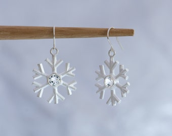 Snowflake Earrings in Silver with White Topaz, Christmas Gift for Her