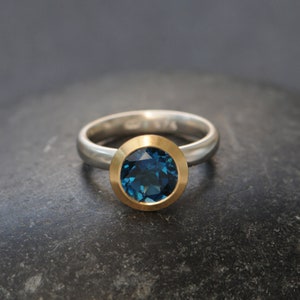 Blue Topaz Engagement Ring Halo Ring with 18K Gold bezel and Silver Band image 1