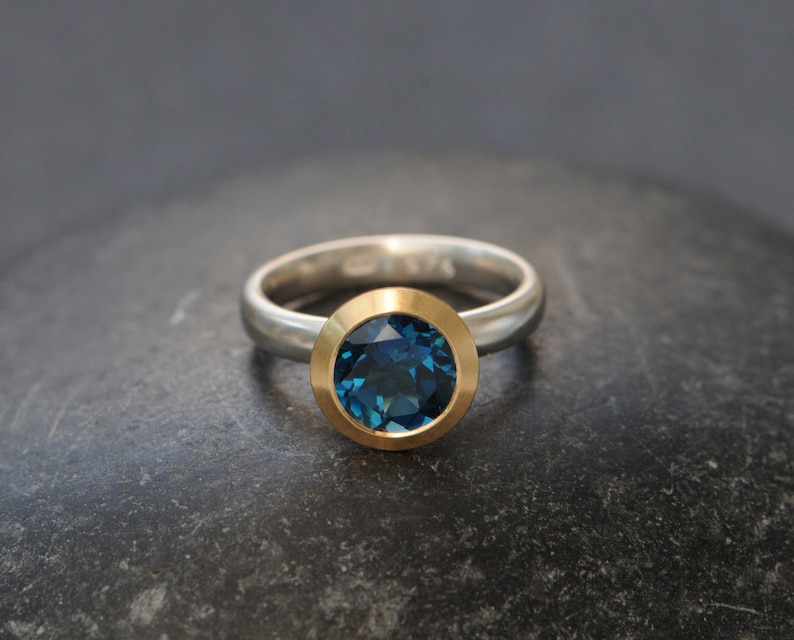 Blue Topaz Engagement Ring Halo Ring with 18K Gold bezel and Silver Band image 1