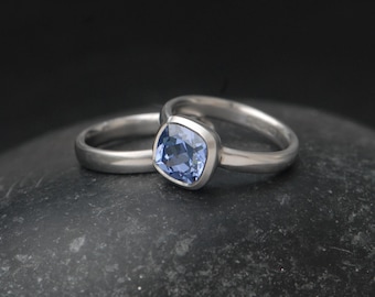 Cushion Cut Lab Sapphire Ring in Platinum, Ethical Blue Sapphire Wedding Set