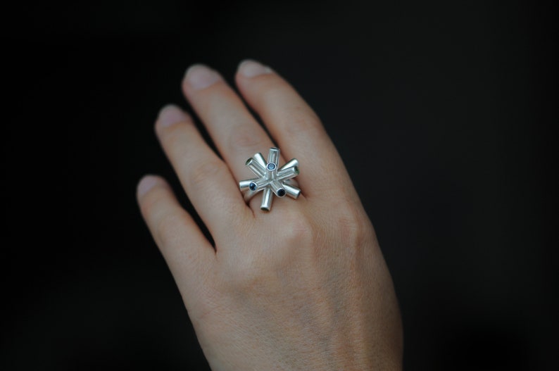 Spiky Ring with Sapphires, Statement Ring in Silver, Gift For Her image 5