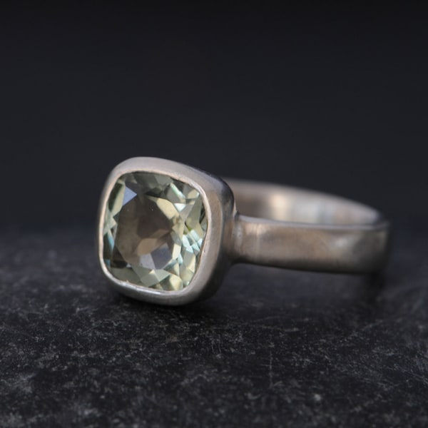 Green Amethyst Cushion Cut Ring in Silver, Gift For Her