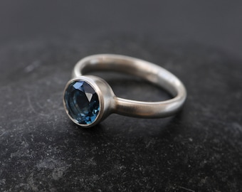 London Blue Topaz Engagement Ring in Silver, 8mm Blue Topaz Solitaire Ring