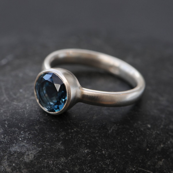 London Blue Topaz Engagement Ring, Sterling Silver Solitaire (8mm)
