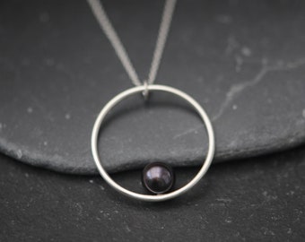 Black Pearl Hoop Necklace in Silver, Gift For Her Pearl Pendant