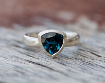 London Blue Topaz Trillion Engagement Ring in Sterling Silver, Gift For Her