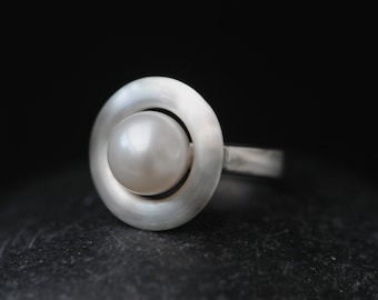 White Pearl Halo Ring, Pearl Statement Ring in Silver