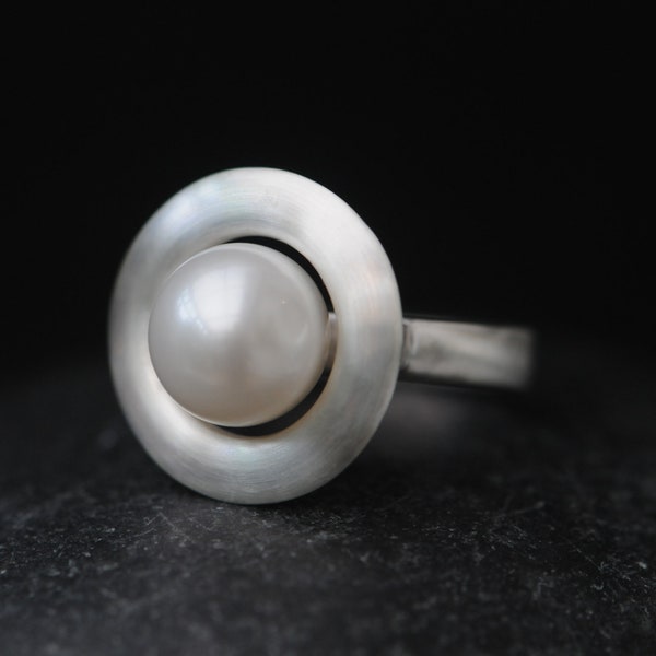 White Pearl Halo Ring, Pearl Statement Ring in Silver