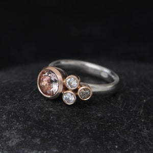 Gift For Her, Morganite Engagement Ring with Diamonds and Sapphire, 9K Rose Gold Cluster Ring 画像 3