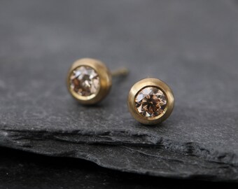 Champagne Diamond Stud Earrings Ready to Ship in 18K Gold, Gift For Her