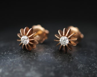 Diamond Stud Earrings in 18K Rose Gold, Gift For Her, Sea Urchin Stud Earrings